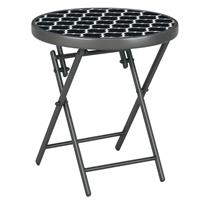 Outsunny Round Folding Side Table w/ Imitation Marble Glass Top, Black & White
