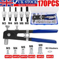 170PCS Threaded Nut Riveter Gun M3-M8 Insert Tool Riveter Rivnut Nutsert Kit Set
