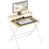 HOMCOM Folding Desk with 2-Tier Shelf for Home Office, Maple Wood-effect