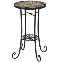 Outsunny 35.5cm Round Mosaic Garden Side Table Plant Stand w/ Shelf, Orange