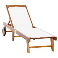 Outsunny Outdoor Texteline Chaise Sun Lounger Acacia Wood Bed Recliner w/ Wheels