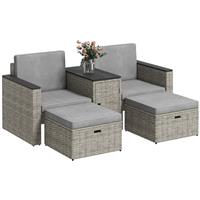 Outsunny 5 Piece Rattan Garden Furniture Set w/ Storage Table, Stools, Grey