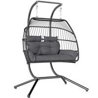 Outsunny Rattan Double Hanging Egg Chair with Stand, Cushion, Dark Grey