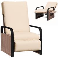 Outsunny Rattan Garden Recliner Chair Sun Lounger w/ Side Tray, Brown/Khaki