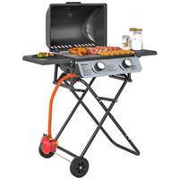Outsunny Portable Foldable Gas Barbecue Grill with Thermometer, Lid, Black