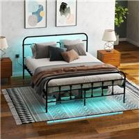 HOMCOM Double Bed Frame with LED Lights and Charging Station, Black