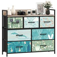 HOMCOM 7-Drawer Chest of Drawers, Fabric Dresser with Open Shelf, Blue