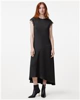 AllSaints Women's Lyra Lace Trim A-Line Midi Dress Black Hi-Low Satin Size 14 - 14 Regular