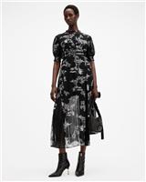 AllSaints Women's Fit & Flare Midi Dress Black Size 6 High Neck Puff Sleeve - 6 Regular