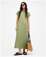 AllSaints Women's T-Shirt Maxi Dress Green Size 10 Organic Cotton Side Slits - 10 Regular