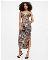 AllSaints Women's Bodycon Midi Dress Brown UK 14 Leopard Print Cut-Out - 14 Regular