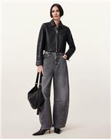 AllSaints Women's Alma Jacket Cropped Black Sheep Leather Zip Through Size UK 8 - 8 Regular