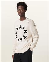 AllSaints Men's Distressed Logo Crew Neck Jumper White Frayed Parts Size S - S Regular