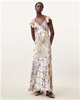 AllSaints Women's Ivory Floral Wrap Dress V-Neck Flutter Sleeves Size UK 10 - 10 Regular