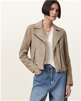 AllSaints Women's Suede Biker Jacket Beige UK 10 Asymmetrical Zip Pockets - 10 Regular