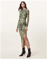 AllSaints Women's Bodycon Midi Dress Green Cowl Neck Floral Mesh Size UK 10 - 10 Regular