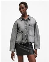 AllSaints Women's Nicky Denim Shacket Grey Frayed Raw Hem Organic Cotton Size XS - XS Regular