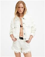 AllSaints Women's Claude Fray Denim Jacket White Frayed Hem Cropped Size UK 8 - 8 Regular
