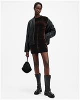 AllSaints Women's Bodycon Mini Dress Brown Size 16 Velvet Ruched Long Sleeve - 16 Regular