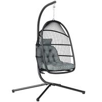 Outsunny Rattan Hanging Egg Chair with Stand, Cushion, Dark Grey
