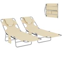 Outsunny 2 Sun Loungers with Reading Hole, Folding Garden Lounger, Beige