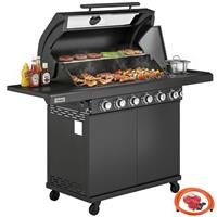 Outsunny 6+1 Burner Gas BBQ Grill, Barbecue Grill with Warming Rack, Black