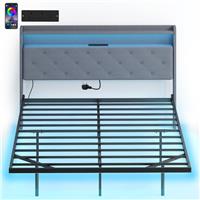 HOMCOM Floating Bed Frame with RGB Lights, Upholstered King Size Bed Refurbished