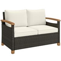Outsunny 2 Seater Rattan Garden Sofa with Acacia Wood Armrests, Refurbished