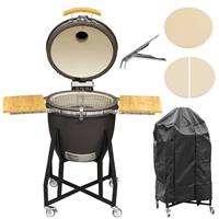 Deluxe Kamado BBQ Grill, Oven, Smoker, Stand, Wheels, Ceramic 22"(56cm)