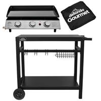3 Burner BBQ Portable Gas Plancha Grill 7.5kW Hot Plate, with Cover & Trolley