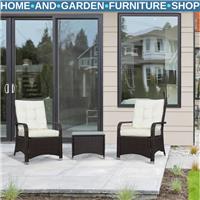 ​3 Piece Rattan Bistro Set Garden Furniture with Cushions and Glass Table​