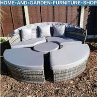 Rattan Round Garden Sofa Bed Set with Cushions and Coffee Table Grey Wicker