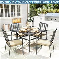 Dining Set 5-Piece Powder Coated Stackable Chairs w/ Umbrella Hole Table Black