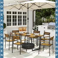Dining Set 7 Pcs Stackable Chairs & Rectangle Table w/Umbrella Hole Brown/Black