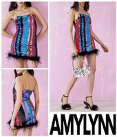 Womens Mini Dress Size UK 8 - 10 AmyLynn Disco Removable Crystals Feathers Sexy - S Regular