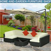 Black 6 Seater Rattan Garden Furniture Set Corner Sofa Set Cushion Pillows Table