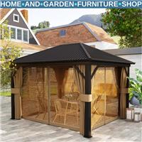 Large Metal Garden Hardtop Gazebo with Sides Brown Curtains 3 x 3.6m Marquee Set