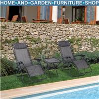3 Piece Folding Zero Gravity Chairs & Table Set With Cup Holder Sun Lounger Grey