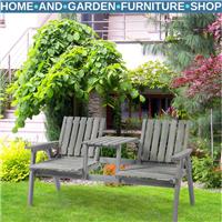 2-Seater Fir Wood Garden Bench with Centre Table & Parasol Hole for Outdoor Use