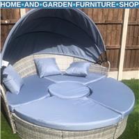 5 Pcs Rattan Conversation Furniture Set Garden Round Sofa Bed with Cushion Grey