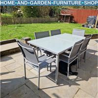 Dining Set 7-Piece with 6-Stackable Chairs & Tempered Glass Top Table Grey
