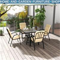 Dining Set 5-Pieces Garden Furniture with Glass Top Table & Umbrella Hole Beige