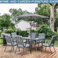 Dining Set 7-Pieces Garden Furniture with Glass Top Table & Umbrella Hole Grey