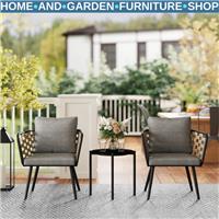 Bistro Set 3-Piece PE Rattan with Backrest Cushions & Tempered Glass Top Black