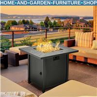 Gas Fire Pit Table 40000 BTU PE-Rattan Lava Rocks with Protective Cover Black