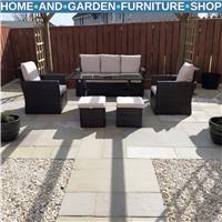 Brown Rattan Furniture Patio Sofa Set with Glass Dining Table & Chairs Cushion