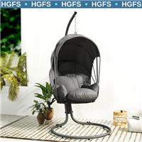 Hanging Egg Chair with Stand Metal Frame Grey Retractable Canopy Thick Cushion