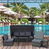 5 Piece Outdoor Rattan Sofa Set Reclining w/ Adjustable Canopy and Dining Table