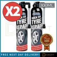 2 x QUICK FIX TYRE REPAIR KIT SPRAY 300ML CAR EMERGENCY FLAT INFLATE PUNCTURE