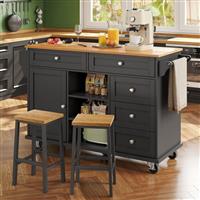 Rolling Kitchen Island Storage Trolley with Wood Effect Top & 5 Drawers Black